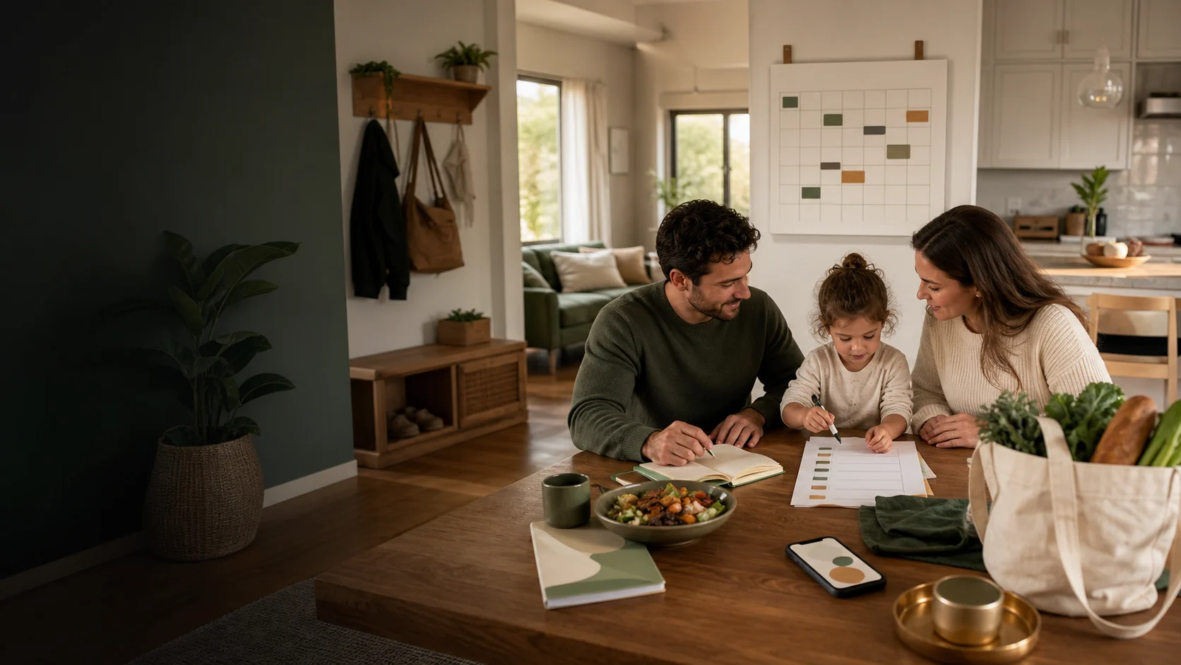 A family planning household schedules, tasks, spending, meals, and shopping together at home
